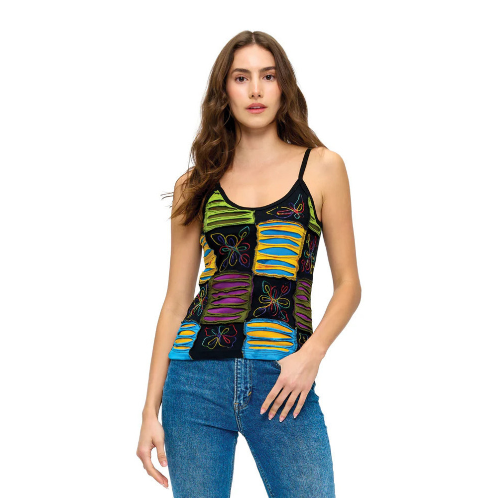 26465 B BLACK Yak & Yeti Boho Razor Cut Patch Embroidered Tank Top Various Sizes